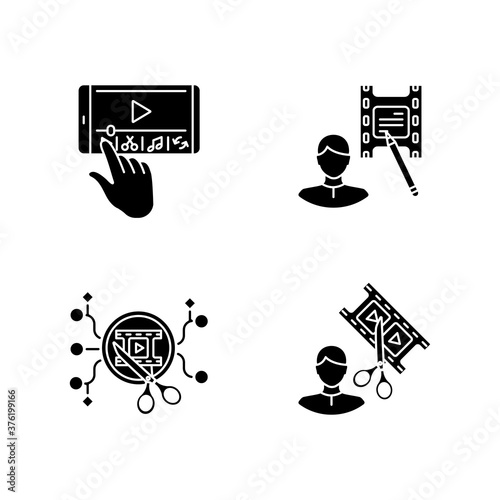 Movie making black glyph icons set on white space. Mobile phone editing. Film making on smartphone. Professional screenwriter. Editor specialist. Silhouette symbols. Vector isolated illustration