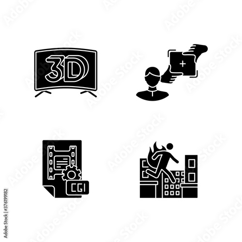 Film production black glyph icons set on white space. 3D television. CGI for animation. Professional stuntman. Director of photography. Silhouette symbols. Vector isolated illustration