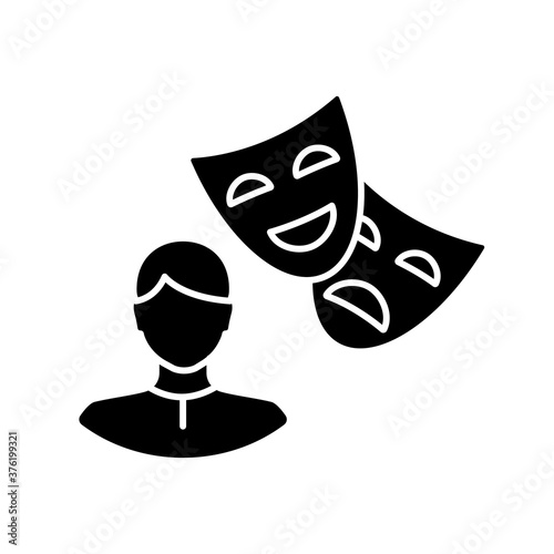 Actor black glyph icon. Theater performer. Drama professional. Artist with theatrical mask. Broadway star. Comedy show performance. Silhouette symbol on white space. Vector isolated illustration