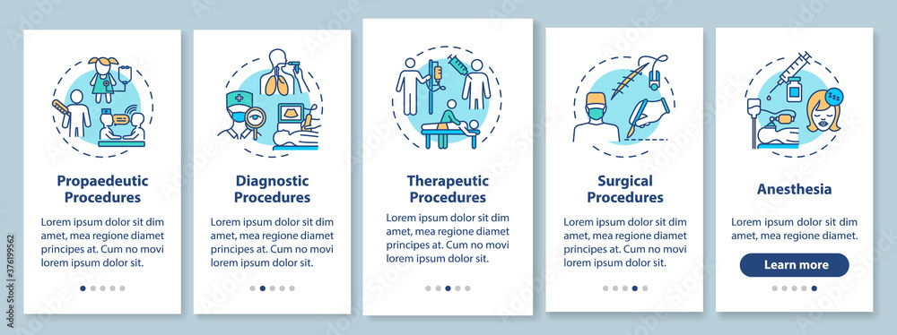 Medical procedures types onboarding mobile app page screen with ...