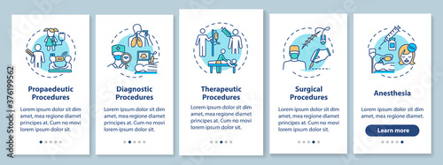 Medical procedures types onboarding mobile app page screen with concepts. Diagnostics and treatment walkthrough five steps graphic instructions. UI vector template with RGB color illustrations © bsd studio