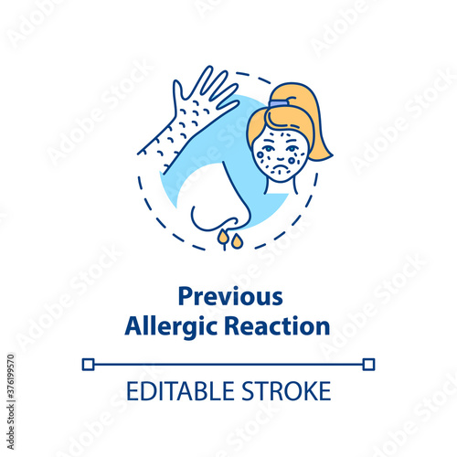 Previous allergic reactions concept icon. Vaccination contraindications idea thin line illustration. Common seasonal allergy symptoms. Vector isolated outline RGB color drawing. Editable stroke
