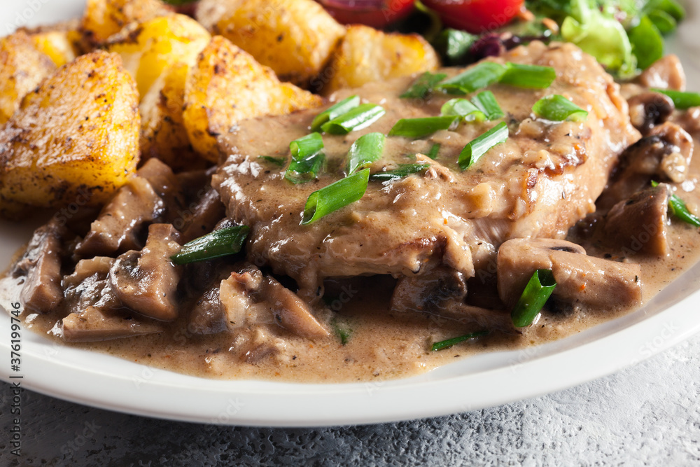 Pork loin chop with mushroom sauce and baked potatoes Pork loin chop with mushroom sauce and baked potatoes