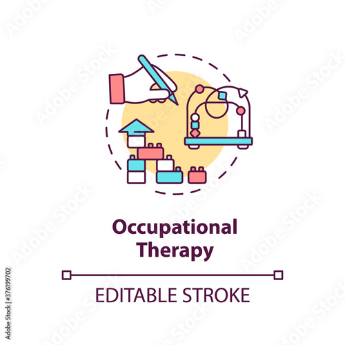 Occupational therapy concept icon. Mental diseases therapeutic treatment, injury recovery idea thin line illustration. Medical procedure. Vector isolated outline RGB color drawing. Editable stroke