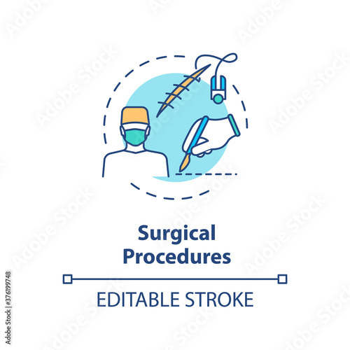 Surgical procedures concept icon. Professional surgeon occupation idea thin line illustration. Medical operations, cutting and stitching. Vector isolated outline RGB color drawing. Editable stroke