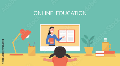 online class, online education concept, distance learning from home, student girl connecting to teacher via video call on computer, vector flat illustration