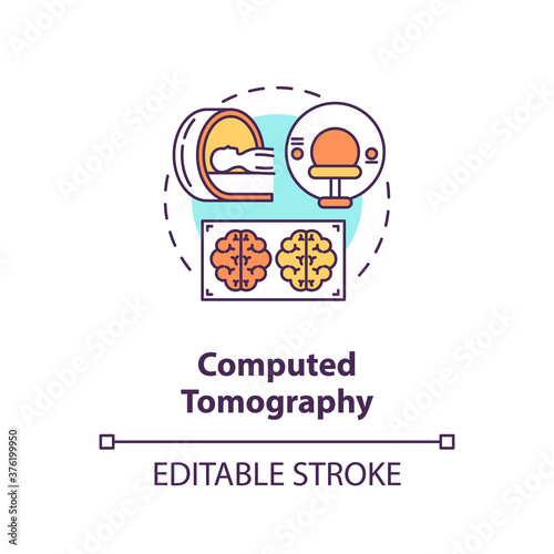 Computed tomography concept icon. Medical technology, CT scan idea thin line illustration. Human brain examination, professional diagnostics. Vector isolated outline RGB color drawing. Editable stroke