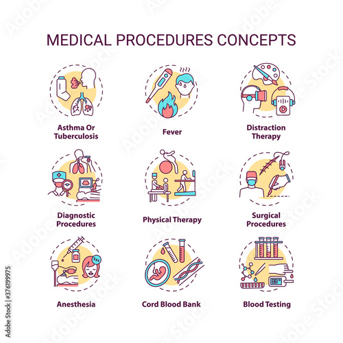 Medical procedures concept icons set. Professional healthcare. Diseases diagnostics and treatment services idea thin line RGB color illustrations. Vector isolated outline drawings. Editable stroke