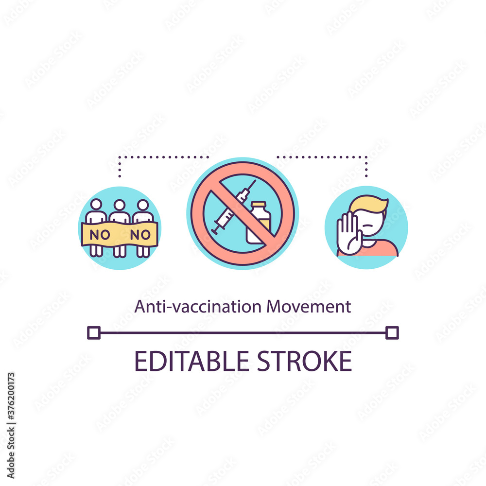 Anti vaccination movement concept icon. Vaccine hesitancy, anti vax idea thin line illustration. People refusing to be vaccinated. Vector isolated outline RGB color drawing. Editable stroke
