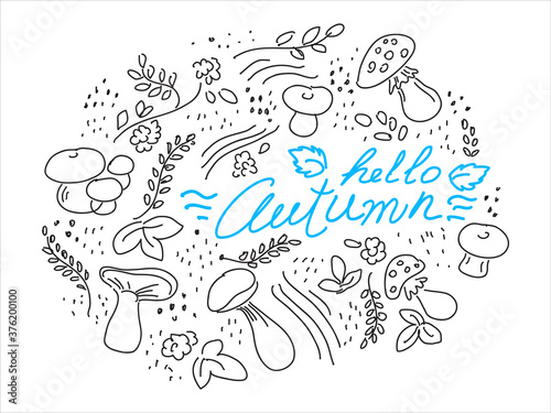 Autumn hand-drawn background layout decorate with leaves and mushrooms. 
A Doodle for posters, a leaflet frame, or a web banner. Vector illustration template on an isolated background.