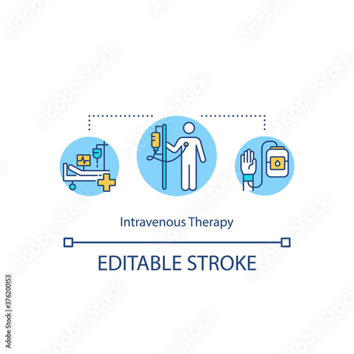 Intravenous therapy concept icon. Medical procedures, therapeutic treatment idea thin line illustration. Cure injection, blood transfusion. Vector isolated outline RGB color drawing. Editable stroke