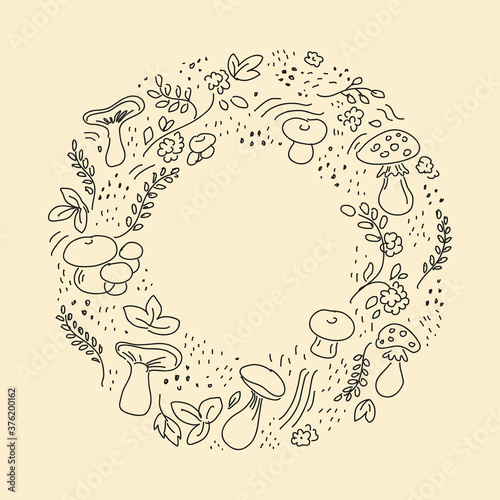 Autumn hand-drawn background layout decorate with leaves and mushrooms.  A round Doodle for posters, a leaflet frame, or a web banner. Vector illustration template on an isolated background.
