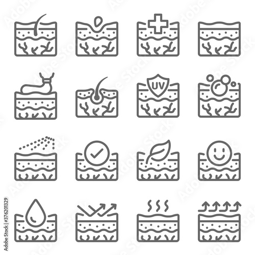 Skin dermatology icon illustration vector set. Contains such icon as Clean, Moistures, Cure, Dry skin, Rash, Epidermis, Skin layers and more. Expanded Stroke