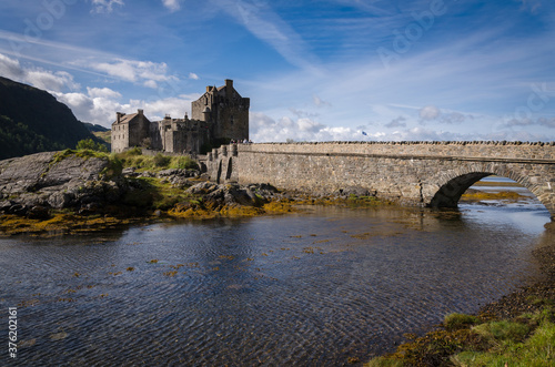Eilean Donan Castle on Loch Duich in a summer day with blue sky  Highland  Scotland  United Kingdom