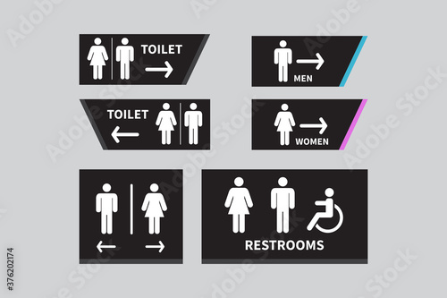 Set toilet signs. Men and women restroom icon sign right arrow. Disabled wheelchair icon. vector illustration