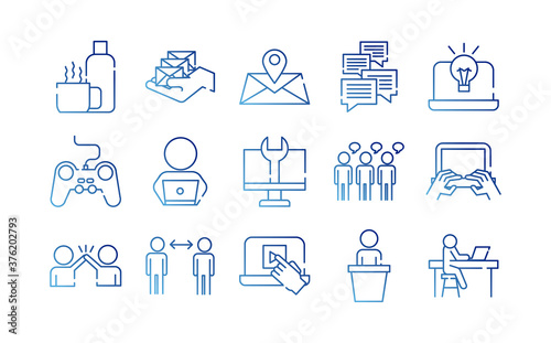 bundle of fifteen coworking set gradient style icons