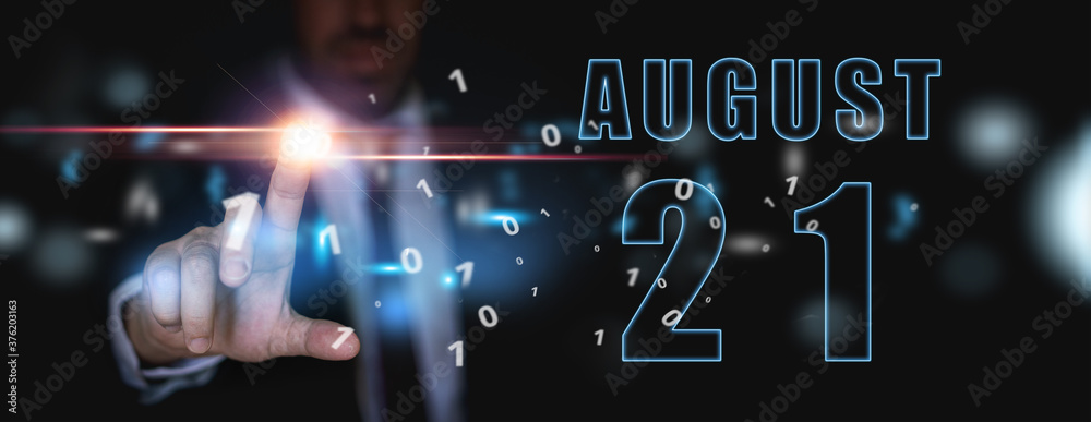 Fototapeta premium august 21st. Day 20 of month,advertising or high-tech calendar, man in suit presses bright virtual button summer month, day of the year concept