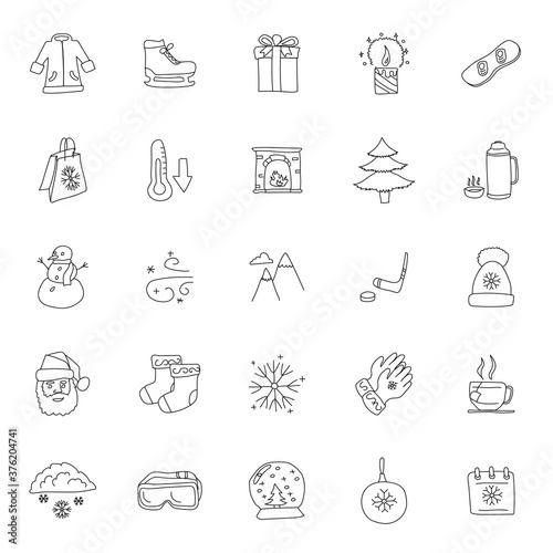 winter hand drawn linear doodles isolated on white background. winter icon set for web and ui design, mobile apps and print products