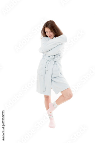 Nice morning. cosy day at home. lazy sunday. home wear fashion. spa treatment. hair and skin care. personal hygiene. girl relax. perfect morning wakeup. woman in bathrobe isolated on white