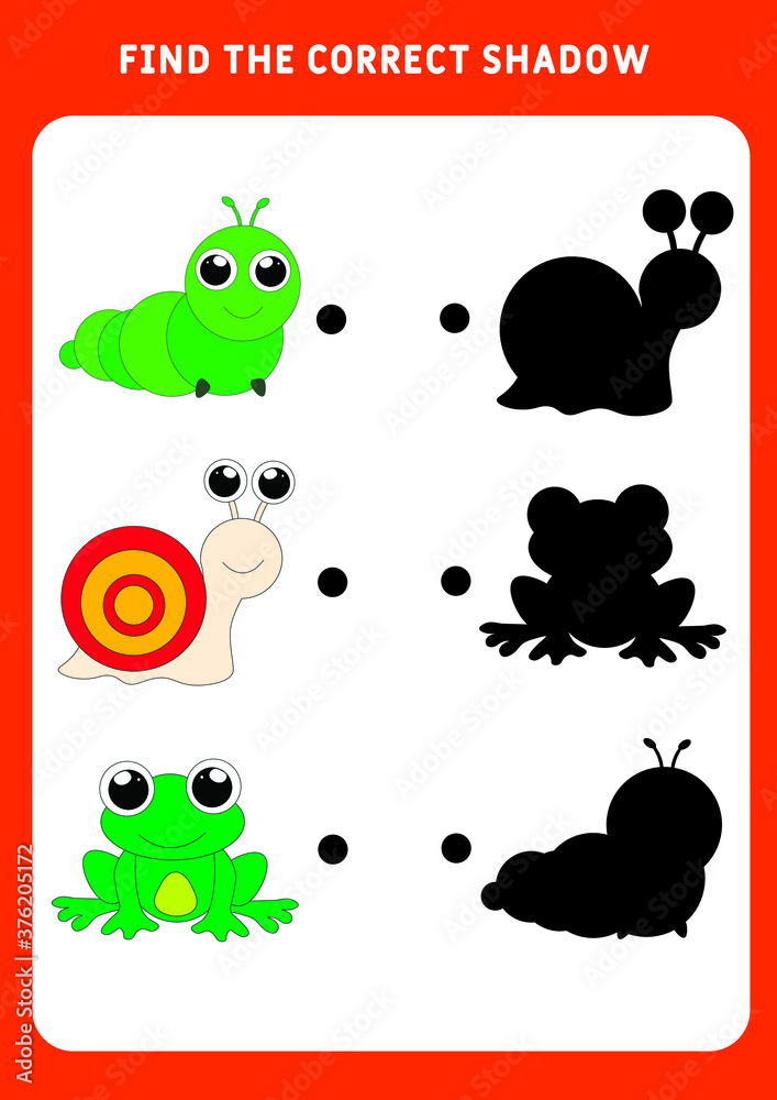 Fototapeta premium Find the correct shadow of cute cartoon animal . Set of animals. Educational matching game for kids. Worksheet for preschoolers. Vector illustration.