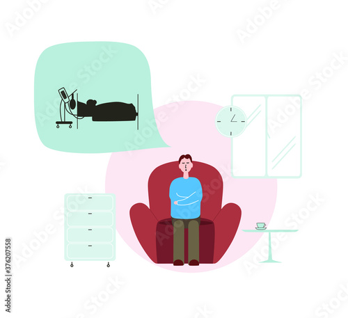 A man is sitting on a chair in the hospital. He is waiting for his loved one to regain consciousness in the intensive care unit. A man is worried about his relative. The patient is connected to an art