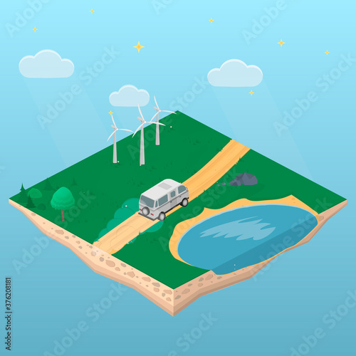 Isometric camping. Country landscape with road, minibus and windmill, vector illustration