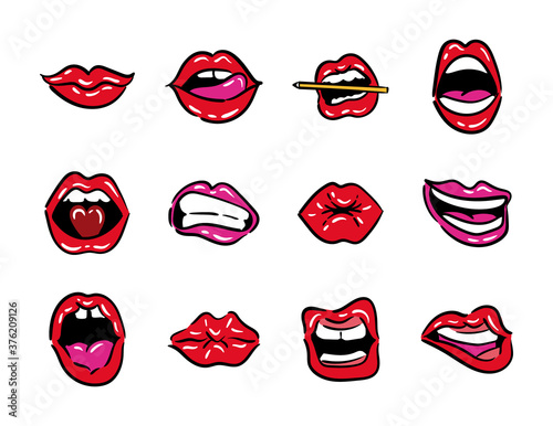bundle of twelve mouths pop art line and fill style icons