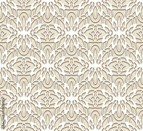 Seamless lace pattern, elegant lacy background with tulle fabric texture in neutral beige color. 
