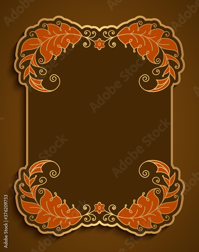 Vintage round frame with gold ornamental border. Decorative golden label with autumn leaves pattern. Place for text. 
