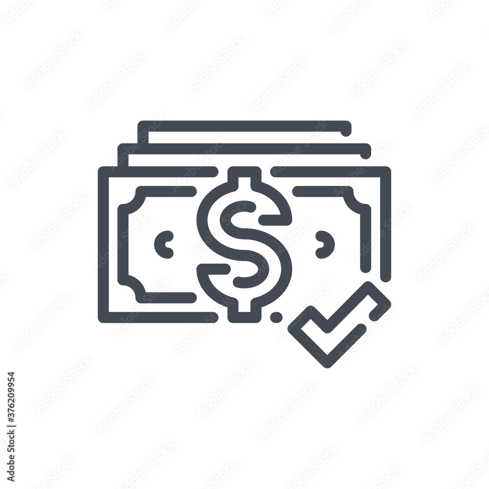 Dollar with Check Mark line icon. Confirmation of Payment vector outline sign. Dollar with Check Mark line icon. Confirmation of Payment vector outline sign.