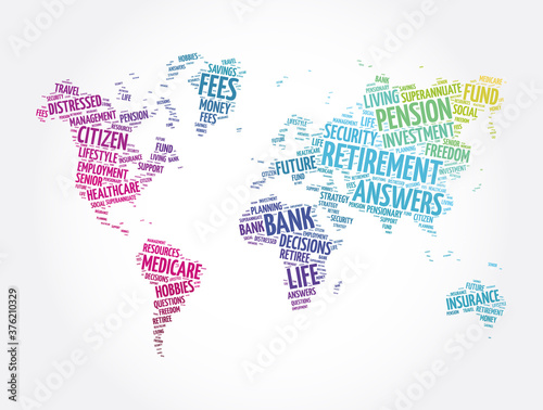 Retirement word cloud in shape of world map, concept background