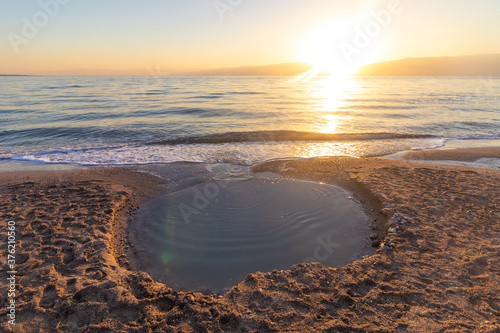 A spring of fresh water springs close to the Dead Sea  Israel. sunrise