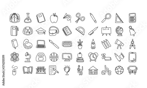 bundle of fifty school supplies line style icons