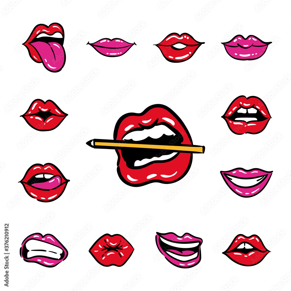 bundle of thirteen mouths pop art line and fill style bundle of thirteen mouths pop art line and fill style