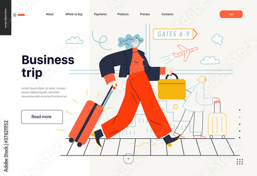 Business topics -business trip, web template, header. Flat style modern outlined vector concept illustration. Young woman with suitcase walking by the moving walkway in the airport. Business metaphor.