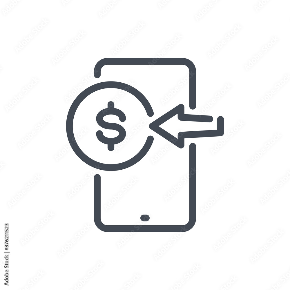 Mobile phone with Dollar coin and Arrow line icon. Receive money vector outline sign. Mobile phone with Dollar coin and Arrow line icon. Receive money vector outline sign.
