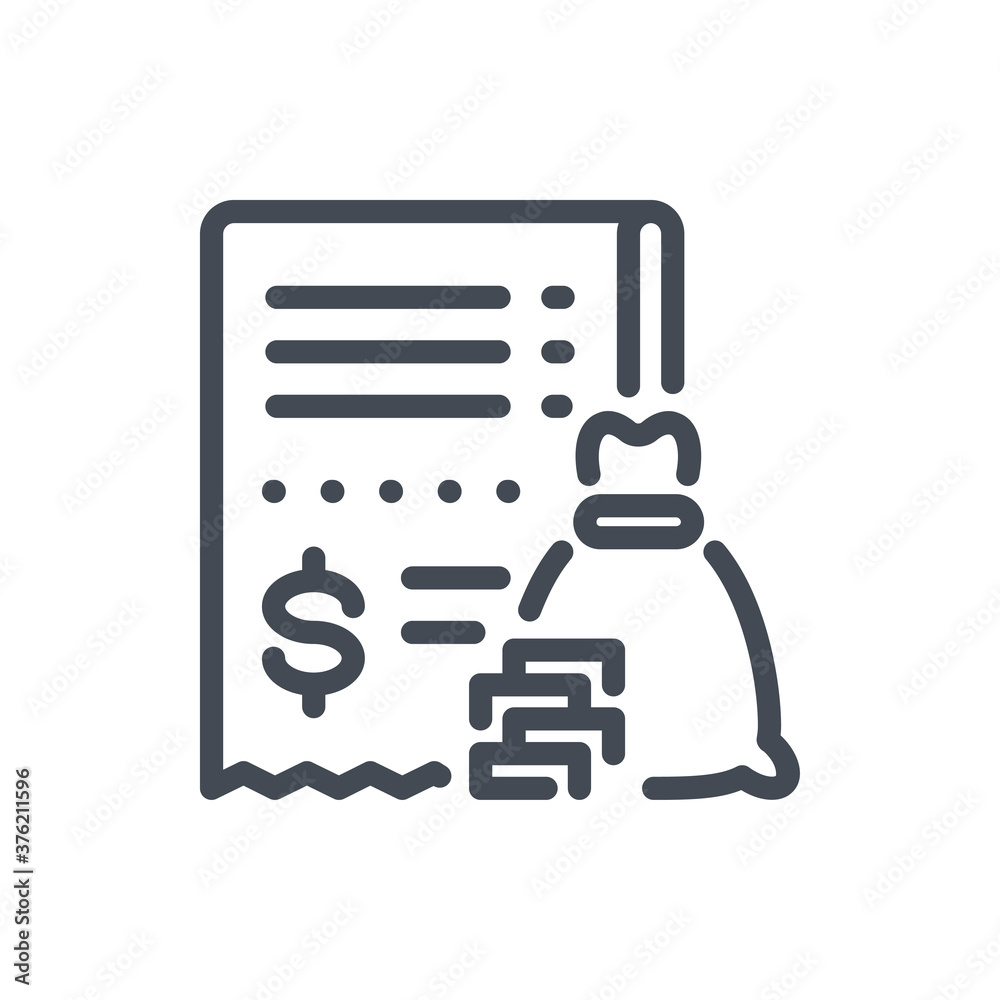 Invoice with Money bag and Coins line icon. Savings vector outline sign. Invoice with Money bag and Coins line icon. Savings vector outline sign.
