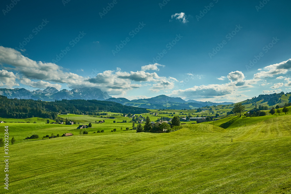 Berglandschaft in der Schweiz - grünes Weideland, Wald und Wolken in Kanton St. Gallen