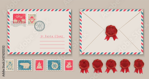 Christmas envelope with Santa in stamp and postage stamps, Snowman in stamp. Vector illustration