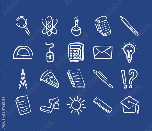 bundle of twenty back to school supplies in blue background