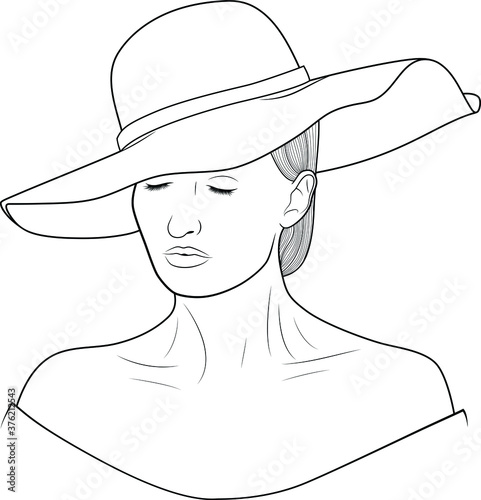 Vector Illustration Coloring Book Page Line Art Beautiful Woman Hat Outline Sketch White Background