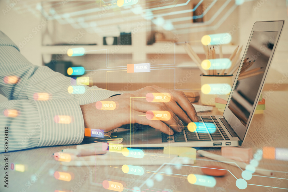 Businessman working on Laptop with technology theme drawing. Concept of big data. Double exposure. Businessman working on Laptop with technology theme drawing. Concept of big data. Double exposure.