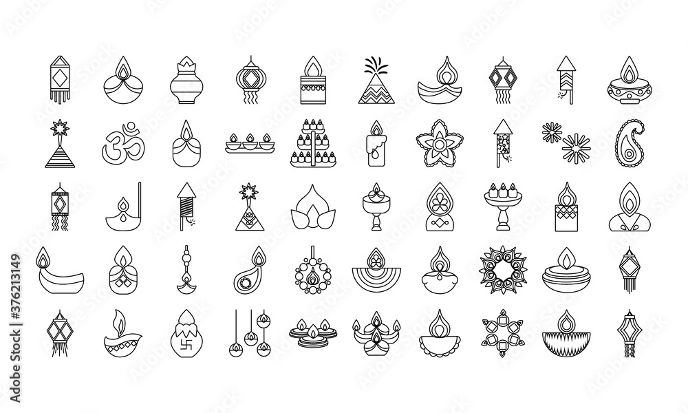 bundle of fifty diwali set line style icons