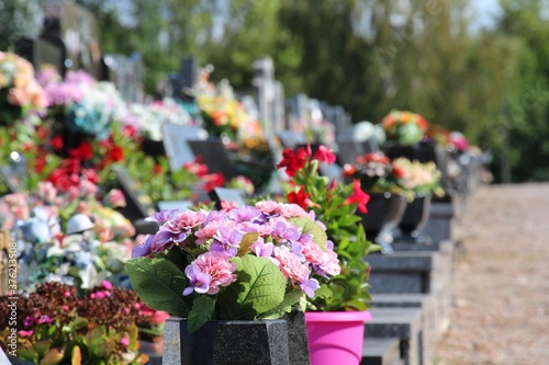 Fototapeta Naklejka Na Ścianę i Meble -  cimetière, tombeaux, croix, christ, ornement, fleurs, tristesse