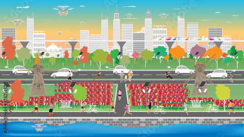 Concept and idea smart city show a city in future has used technology help easy and fast transport and help people have a good health and clean environment. Vector EPS10