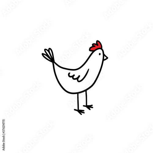 Cartoon chicken with red scallop isolated on white background. Vector stock illustration of a young rooster hand-drawn. The chicken stands looking to the side.