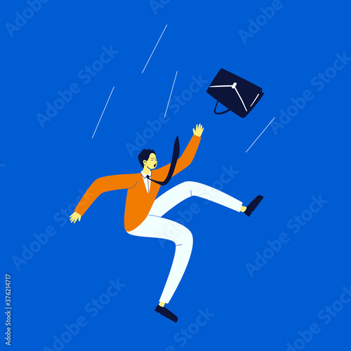 A cartoon man in an orange sweater in light trousers falls into the abyss. A young man in a tie flies down with a briefcase. Vector dynamic stock illustration on blue background.
