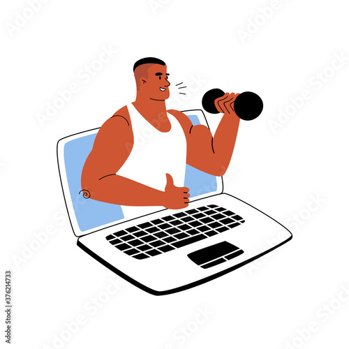 Cartoon tanned sports trainer teaches online via laptop. Online sports training from home. Vector stock illustration workout. The coach shows a thumb up and shakes the biceps from the computer.
