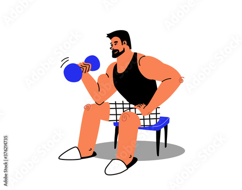 Cartoon muscular man exercising at home in slippers. A tanned contented man in a black T-shirt shakes his biceps on a chair. Vector stock illustration of home sports with dumbbells.