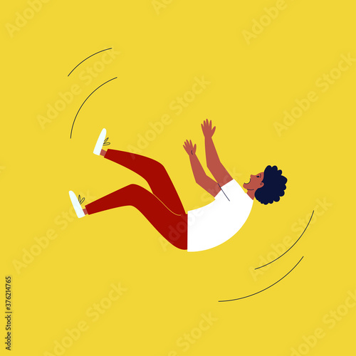 Cartoon black guy falls back down. The man in the fall screams and waves his arms. Vector stock illustration on bright yellow background. The concept of dismissal, job loss, falling into the abyss.